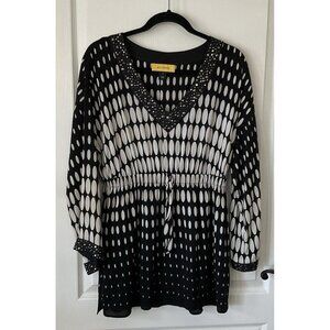 St. John Black & White Silk Charmeuse Studded Paillettes Kimono Blouse Top S